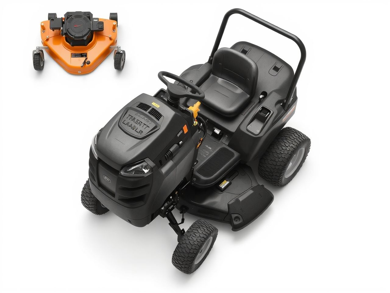 A fűnyíró traktor motorja és vágóasztala alapvető alkatrészek.