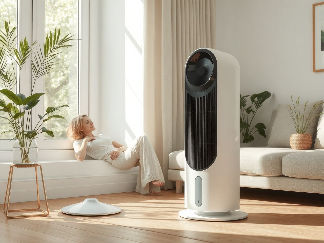 Az oszlop ventilátor egyenletes légáramlást biztosít a helyiségekben.