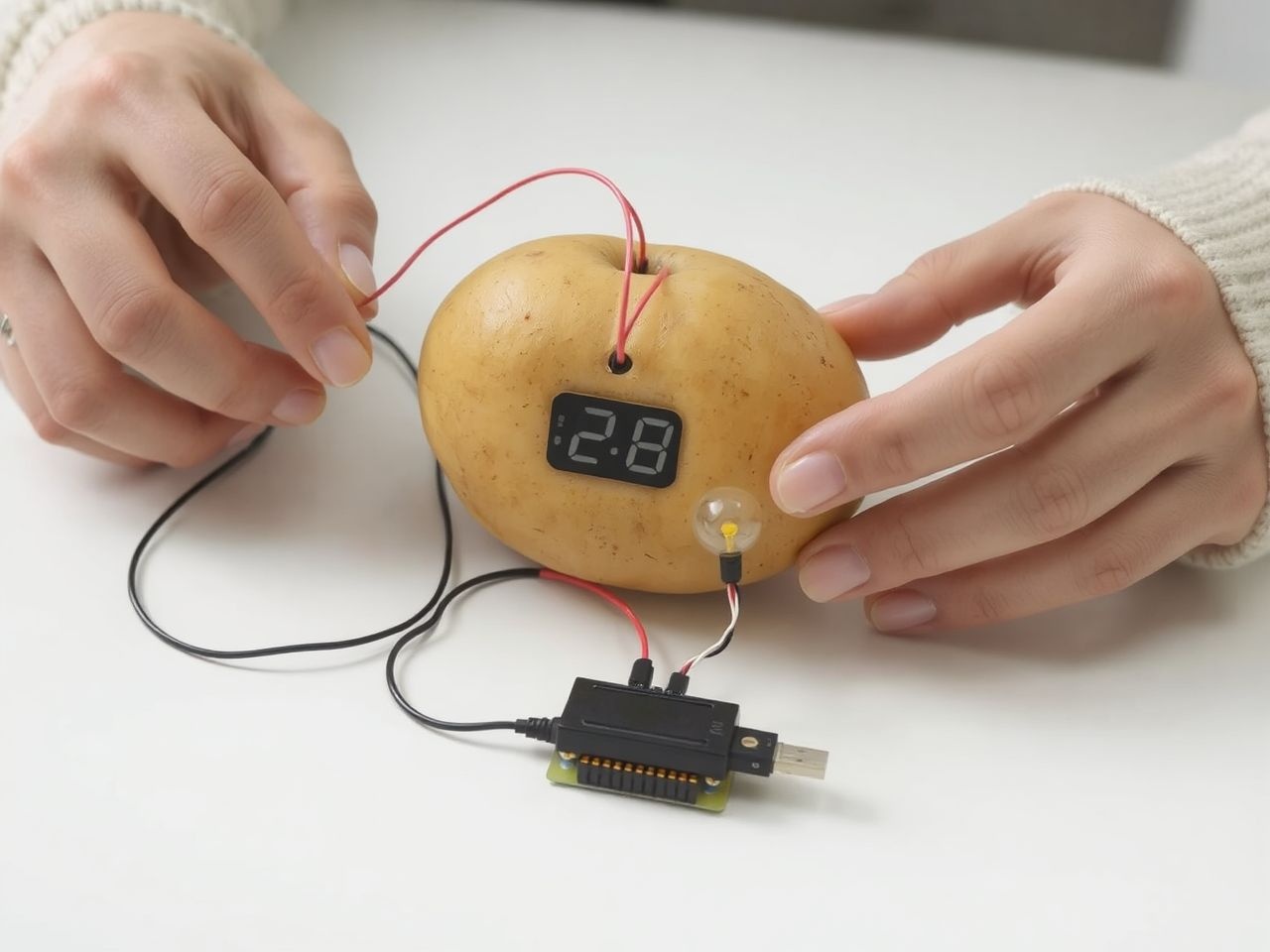 A krumpli óra a savas közeg elektromos áramtermelő képességét használja.