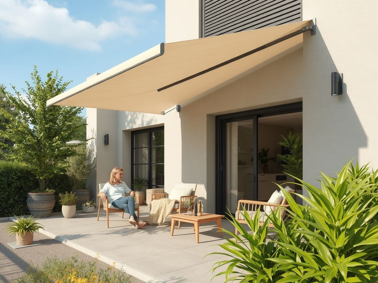 A könyökkaros napellenző természetes fény-árnyék harmóniát teremt.