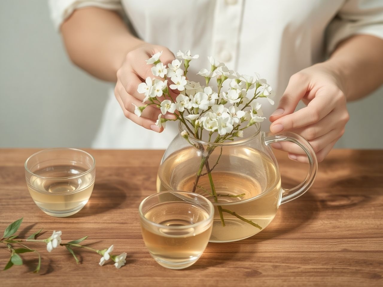 Az akácvirág tea elkészítése: friss virágok forrázása.