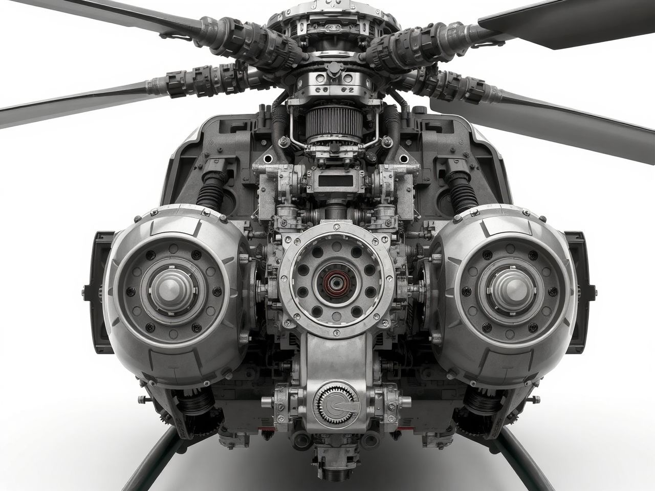 A helikopter hajtóművei többtengelyes erőátviteli rendszerrel biztosítják a forgást.