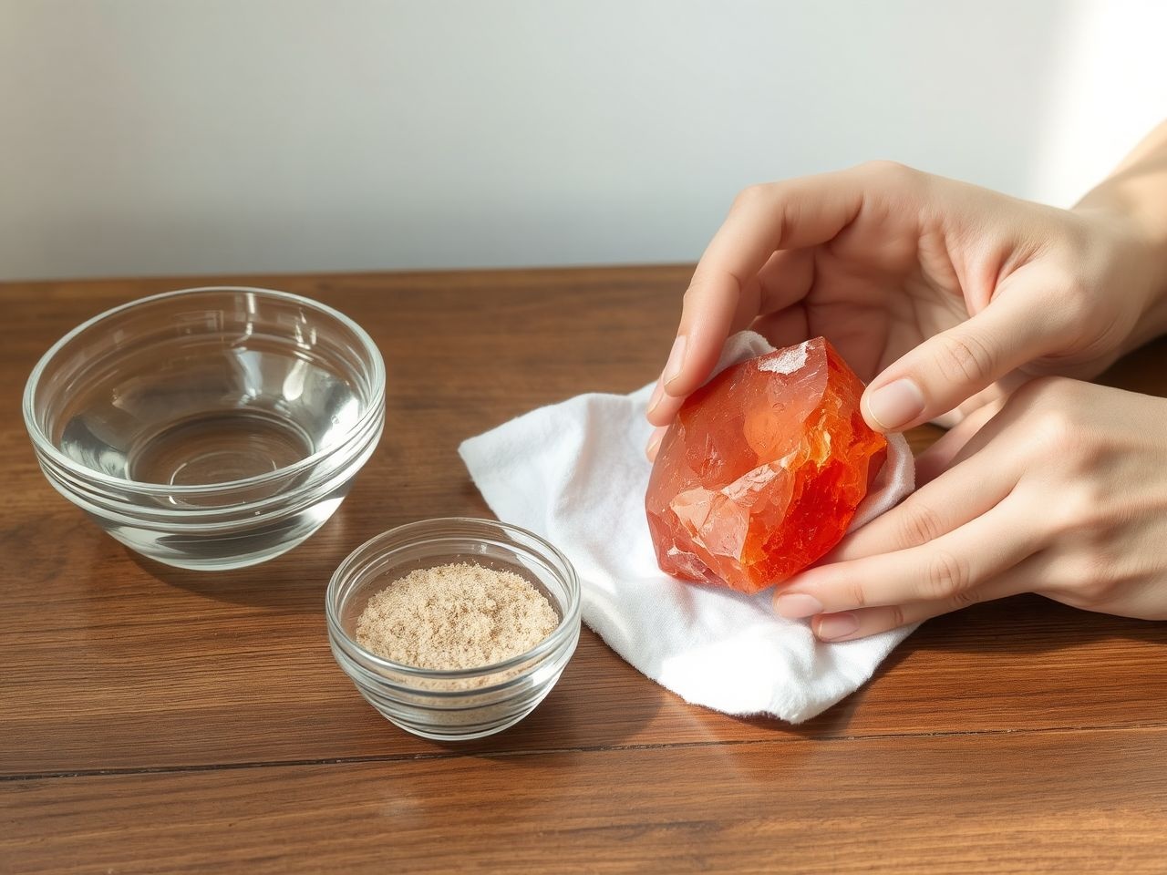 A hesszonit gránát tisztítása hideg vízzel és napfénnyel történik.