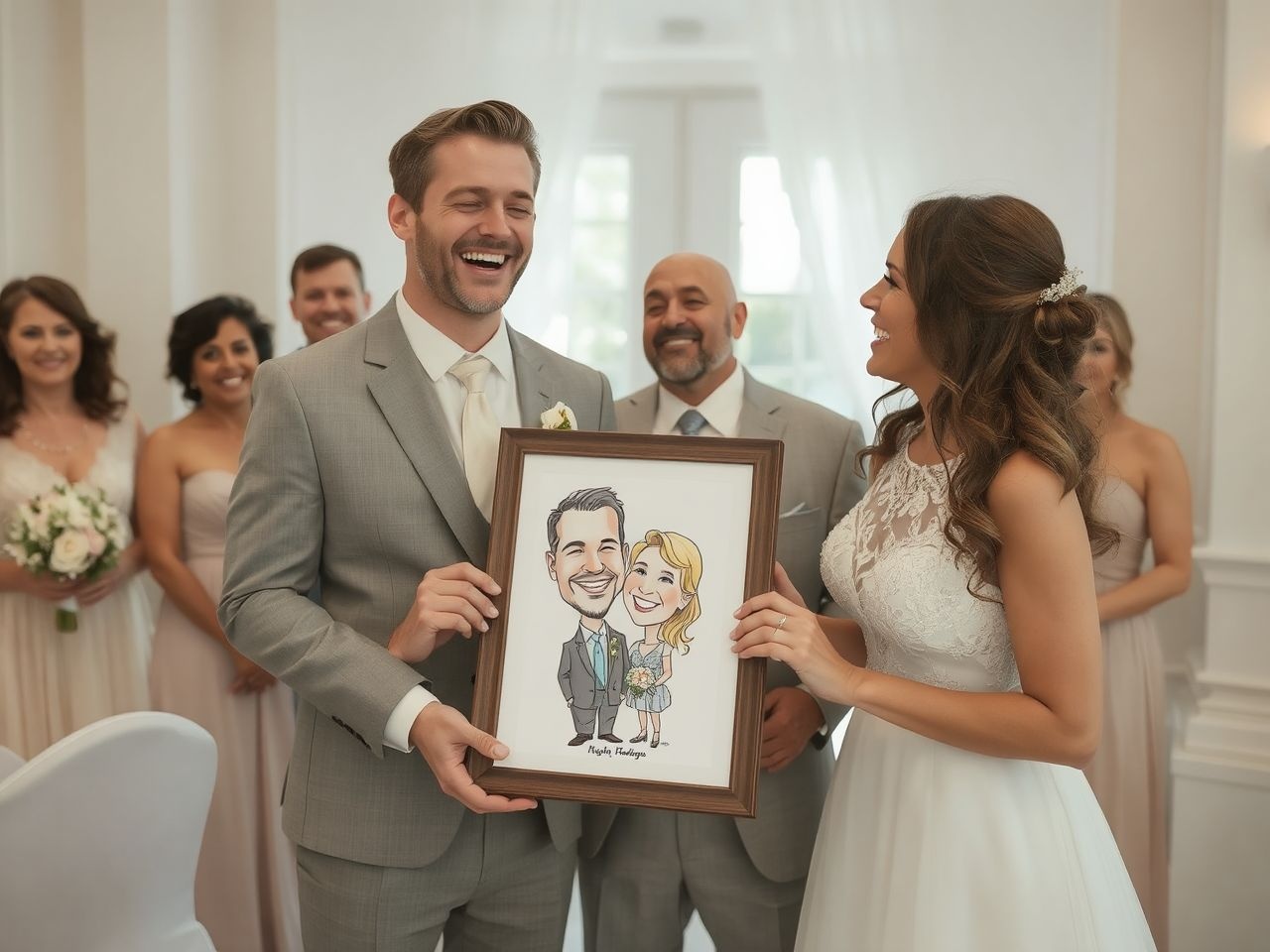 Az esküvői karikatúra vidám emlék a ceremónia napjáról.