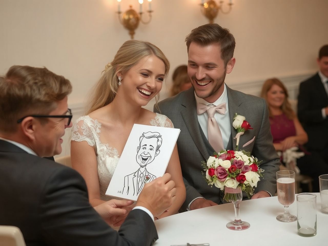 A karikatúra vidám pillanatokat varázsol az esküvőre.
