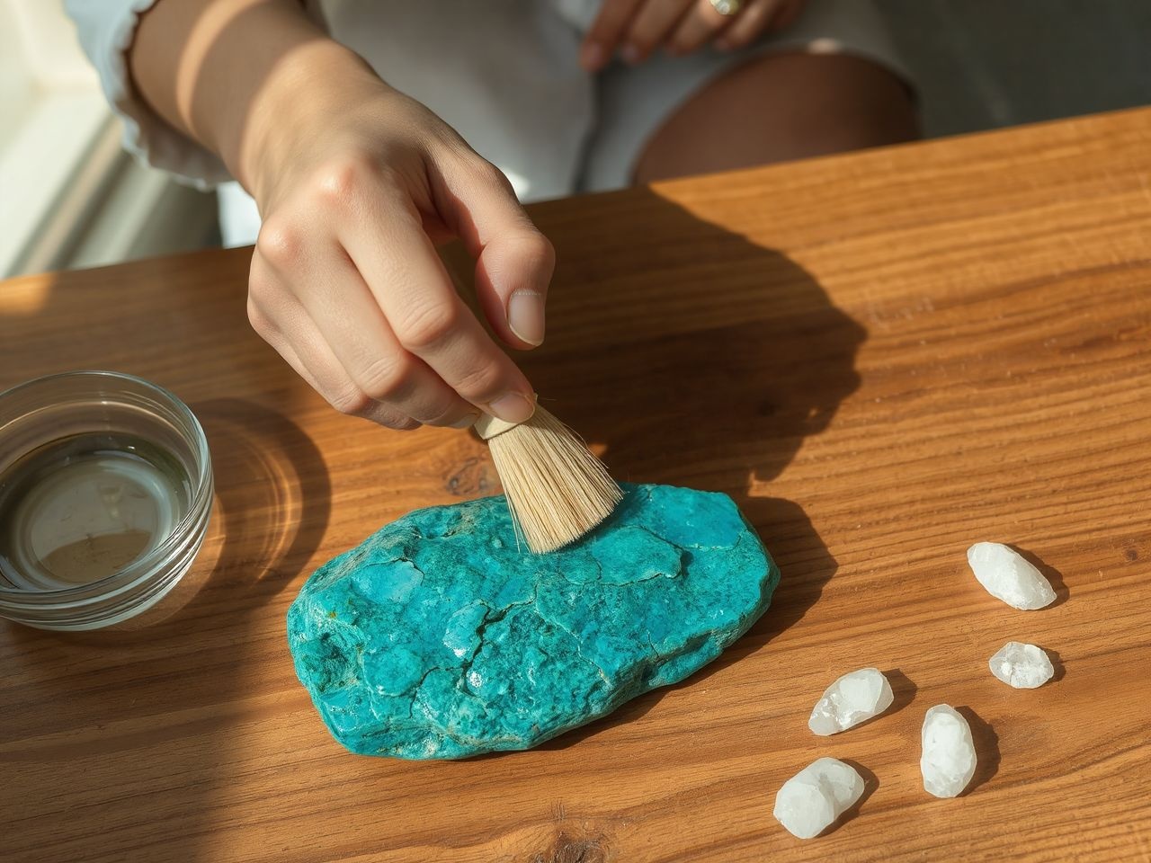 A krizokolla tisztítása vízzel és napfénnyel ajánlott.
