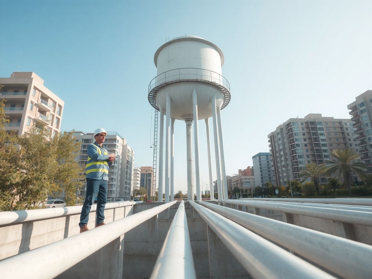 A víztorony stabil nyomást biztosít a városi vízhálózatban.