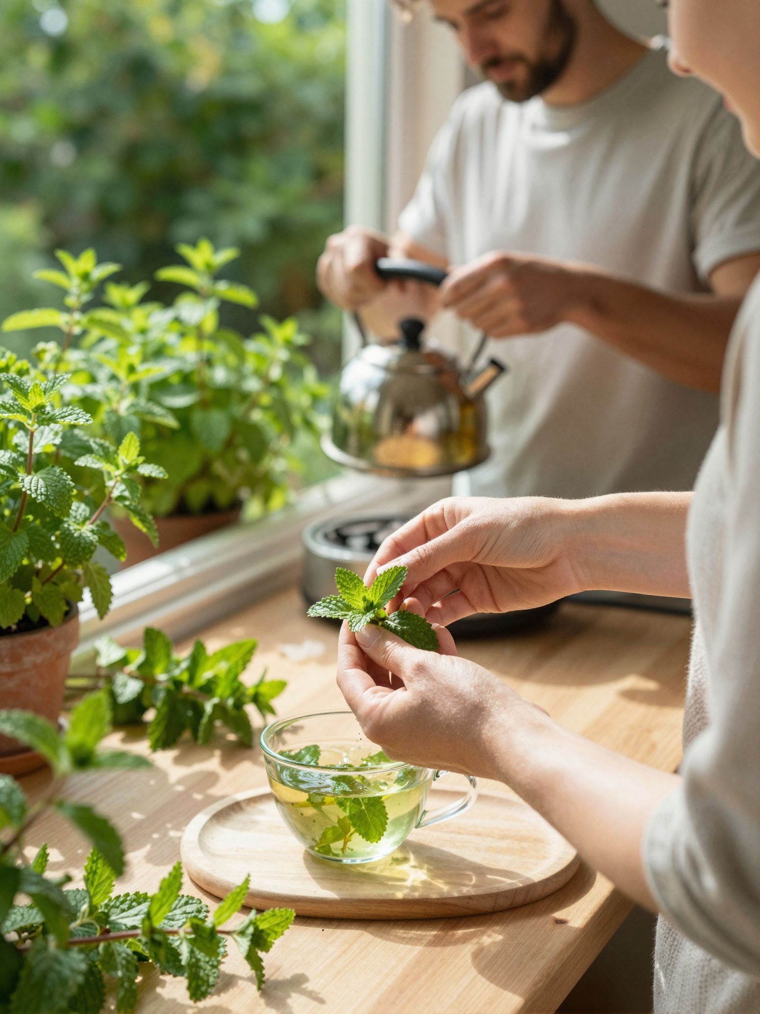 A friss borsmenta levelek fokozzák a tea ízét.